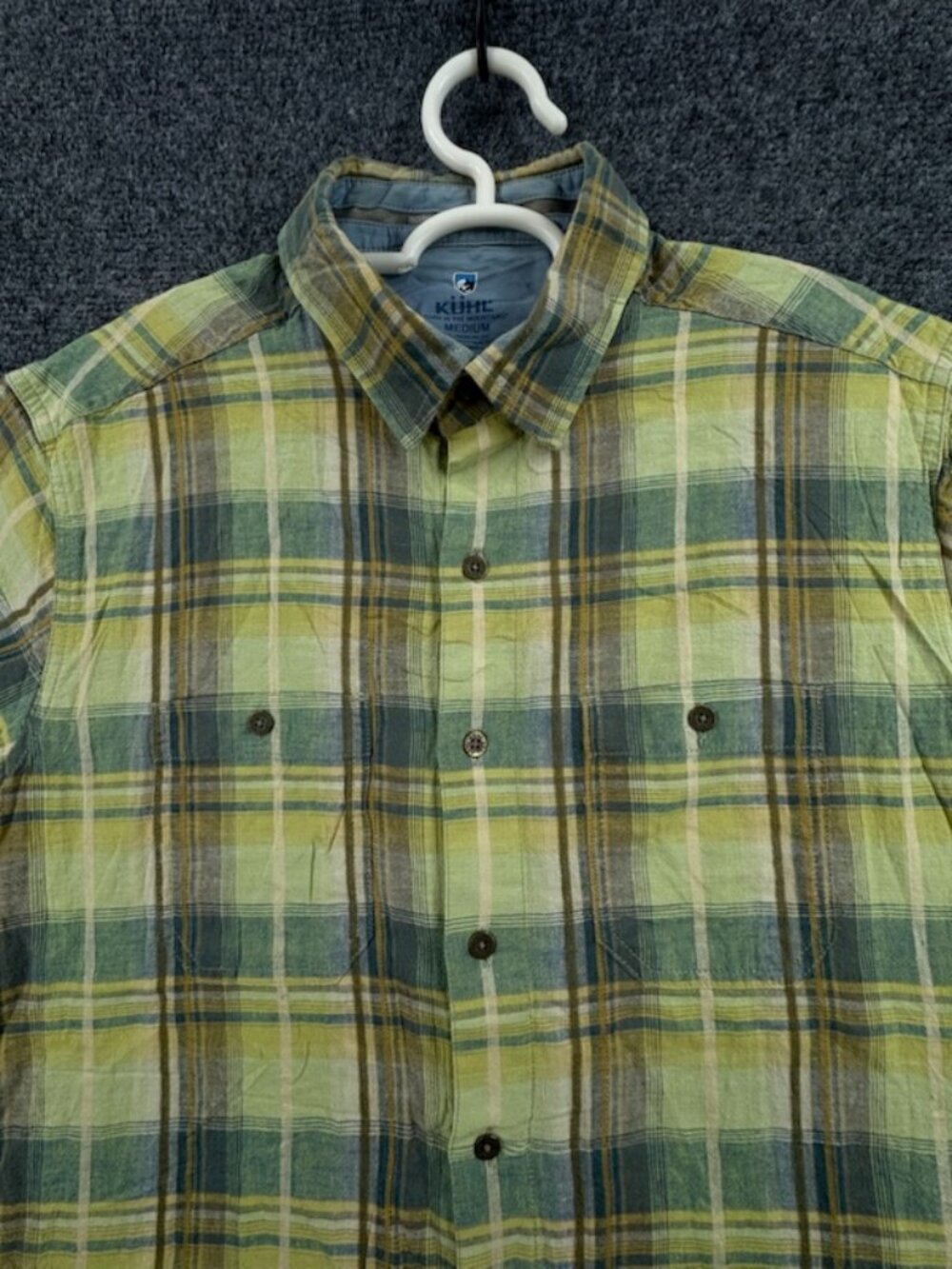 Kuhl Green Yellow Medium Linen Cotton Short Sleeve Logo Plaid Men Pocket Hiking
